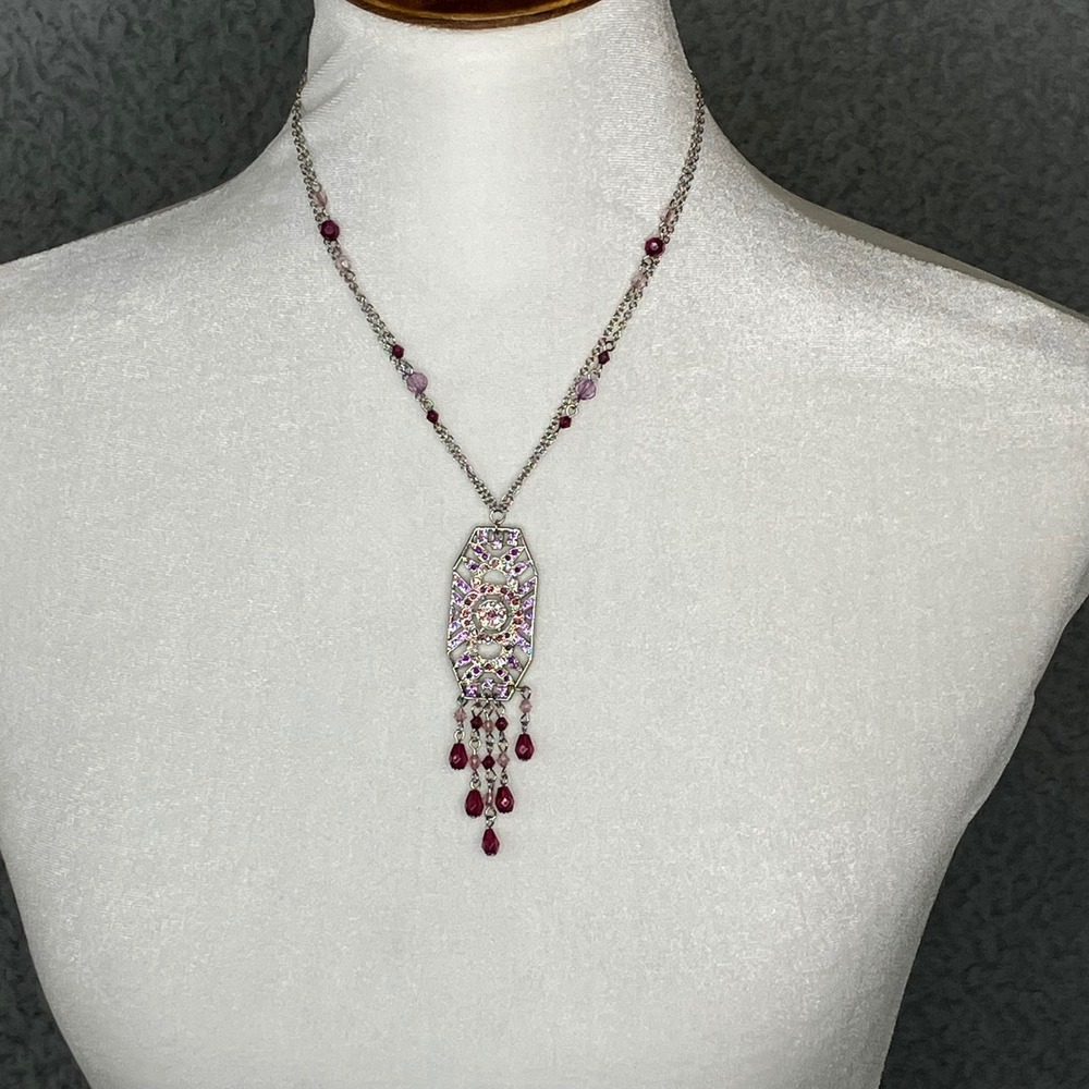 Art Deco Revival Necklace Silver Tone Pink Purple Rhinestone Tassel Adjustable